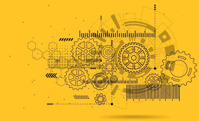 yellow and black vector art of gears and machinery