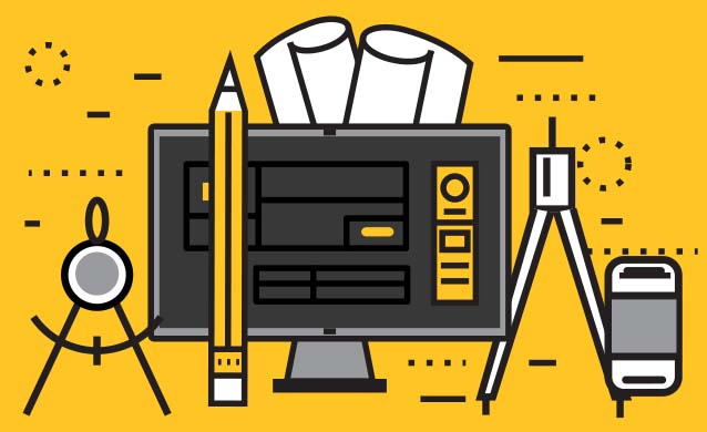black and yellow vector art of a computer and different utensils for studying
