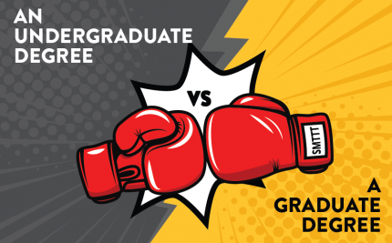 undergraduate degree vs graduate degree vector art image of boxing gloves smashing into each other on a black, white, and yellow background